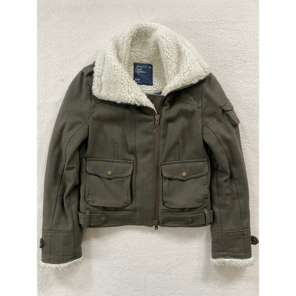 American Eagle Womens Medium Bomber Jacket Olive Green Wool Blend Sherpa Quilted - Picture 2 of 16